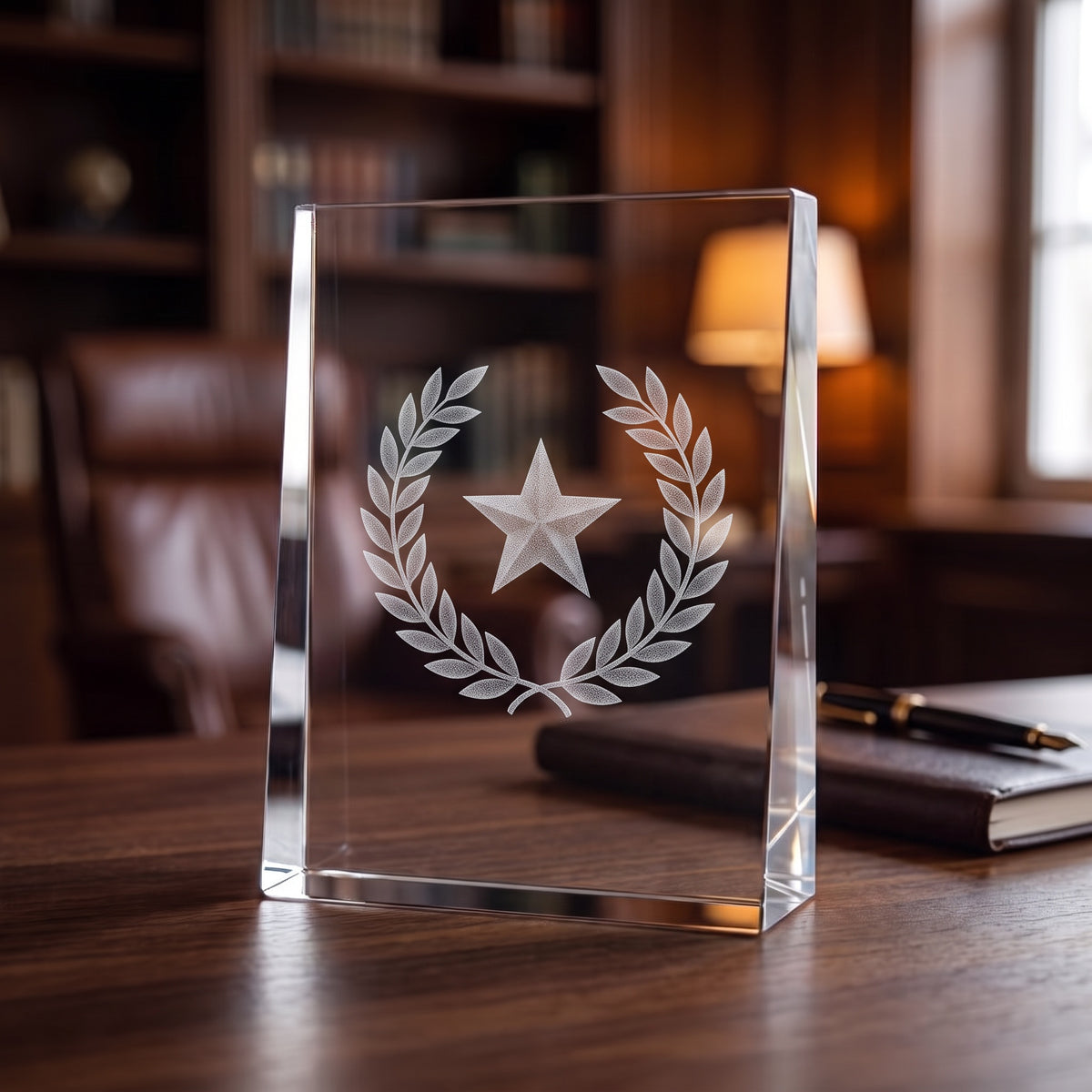 Award i krystalglas med graveret laurbærkrans og stjerne på et skrivebord