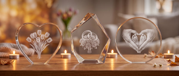 Tre glas i krystalglas med graverede motiver på et træbord med fyrfadslys