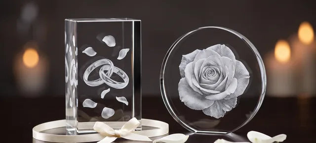 Glasblok med vielsesringe og rund glasblok med rose som gave til bryllup og mærkedage