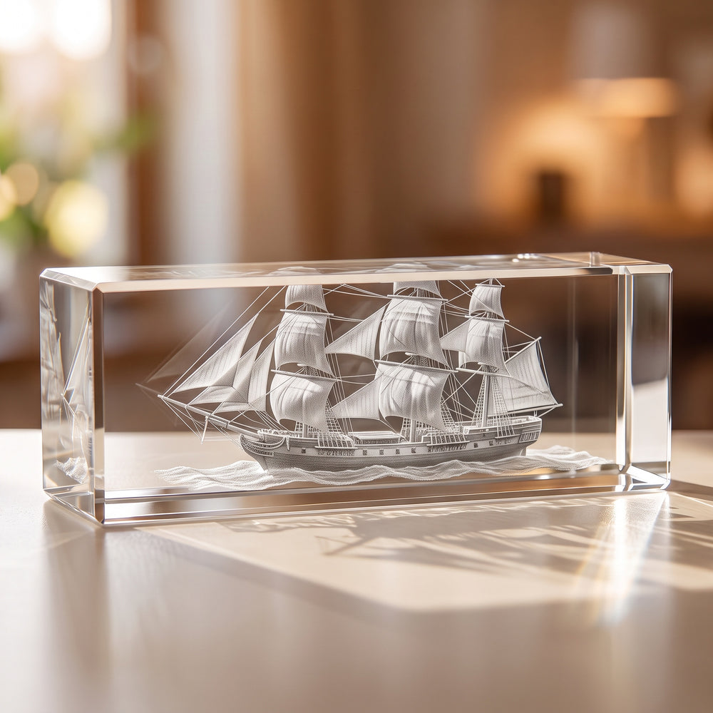 Liggende glasblok 10 x 10 x 30 cm med 3D-graveret sejlskib