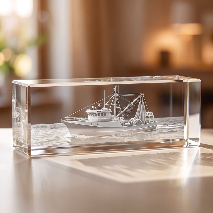Liggende glasblok 10 x 10 x 30 cm med 3D-graveret fiskekutter