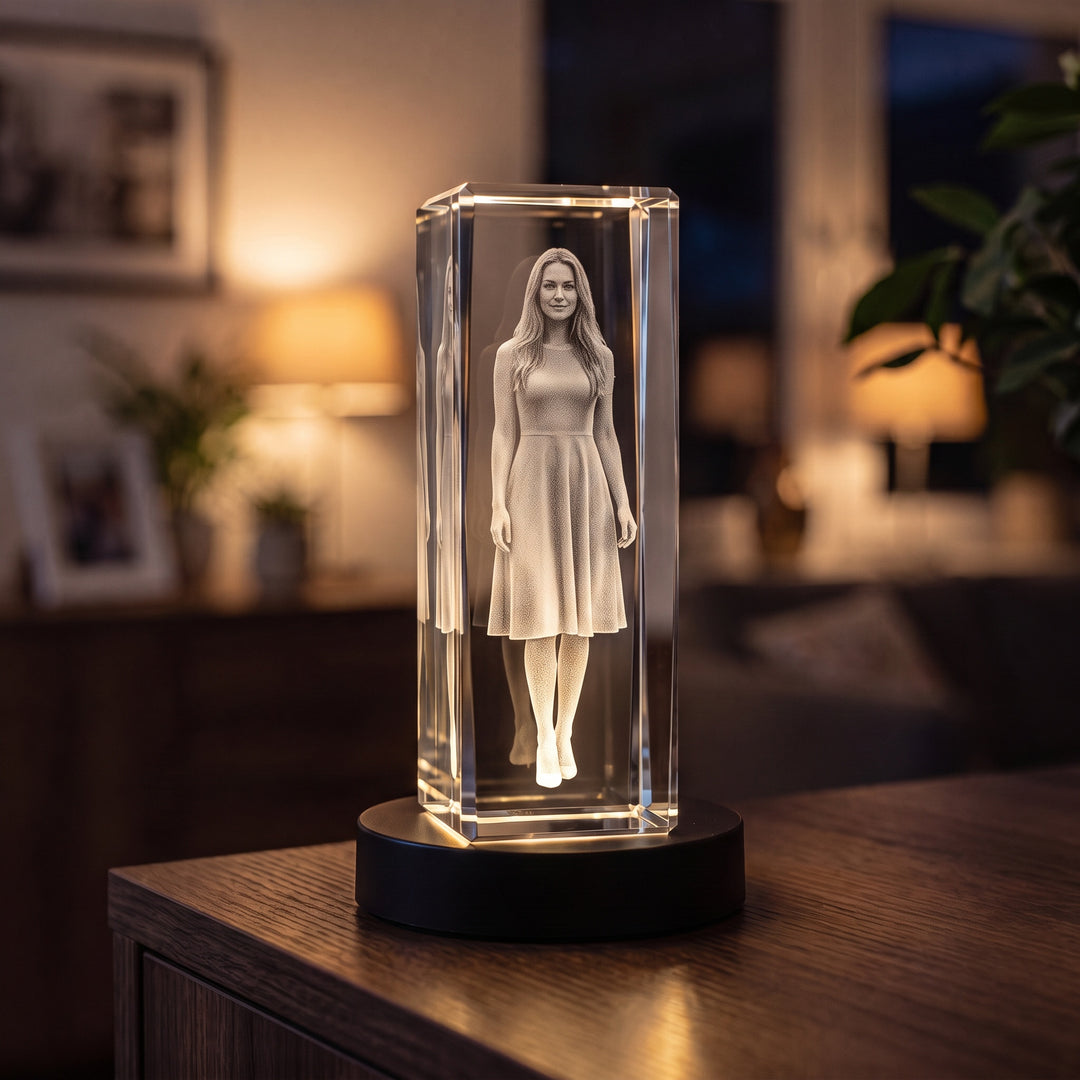 Høj glasblok med 3D-graveret stående kvinde på sort lysbase