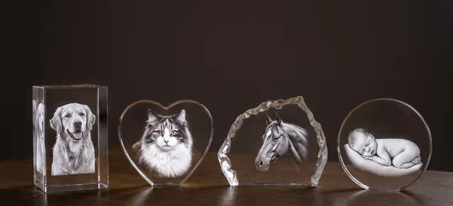 Glasblok, glashjerte, isbjerg og rund glasblok med indgraveret 3D-foto