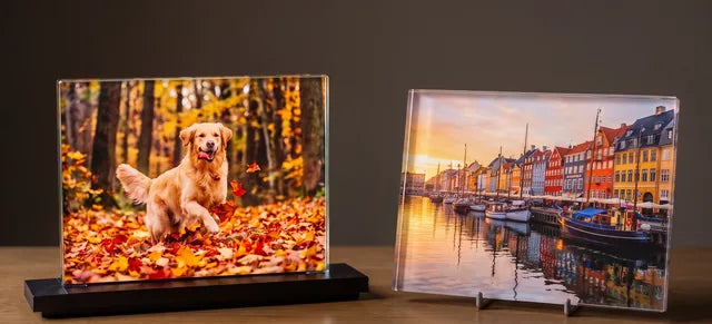Krystal fotoramme med lysfod og printglas med farvetryk
