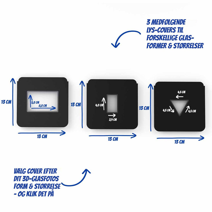 3 lys-covers til Multilysbase – Large med åbninger på 8,8 × 5,8 cm, 2,9 × 4,8 cm og trekant med 4,5 cm sider